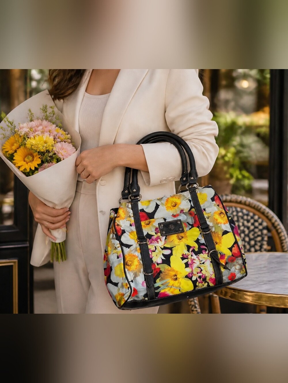 Black-Trim Yellow Floral Tote Bag